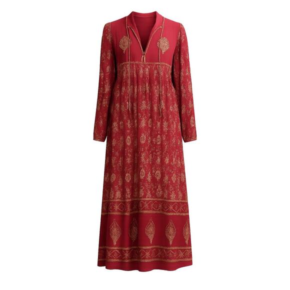 70s Adini Burgundy Boho Maxi DressGold Print Empire Waist Tassel Beads Fall